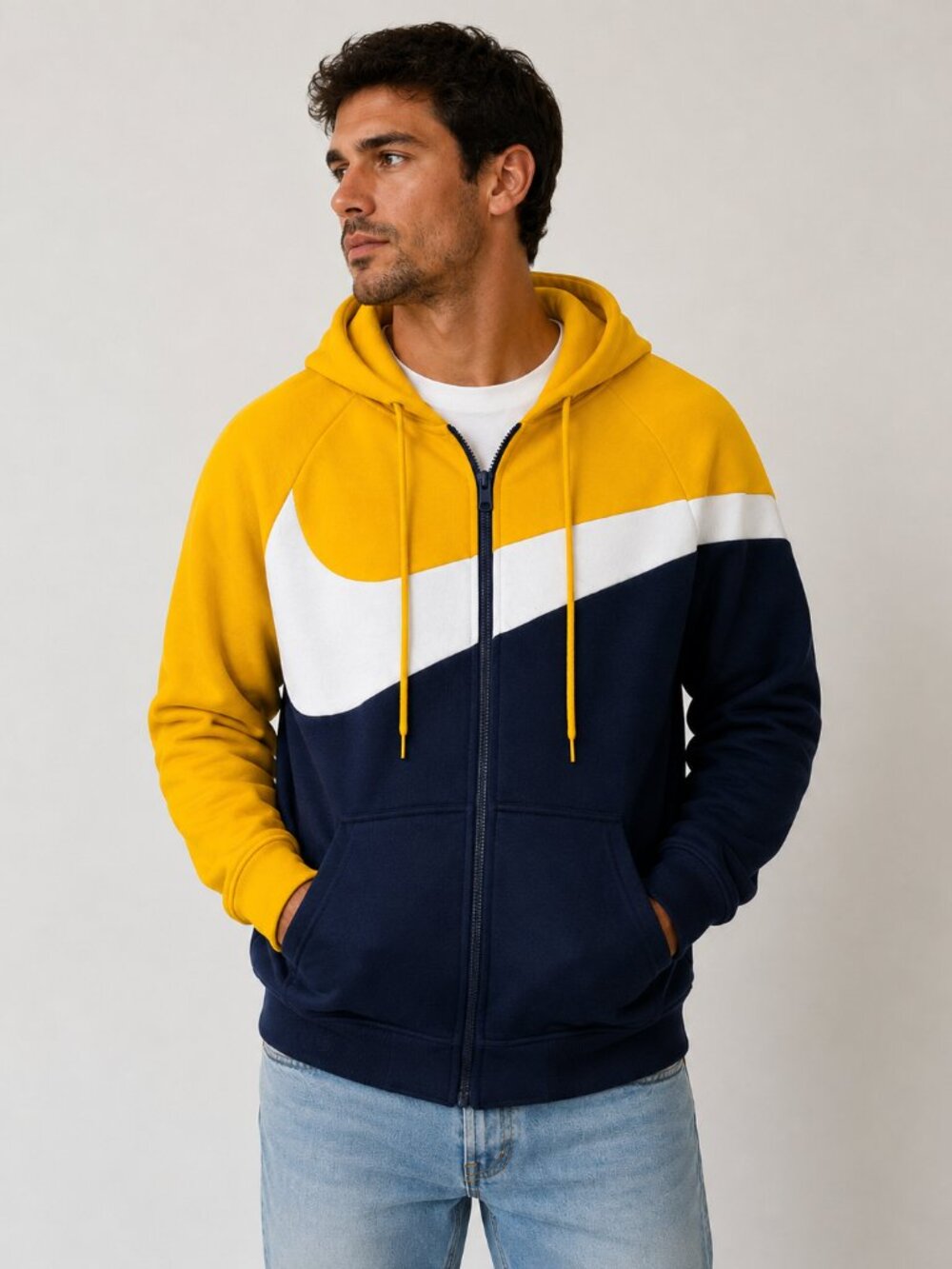 Nike Sportswear Full Zip Colorblock Hoodie Yellow Navy White Men’s 3XL